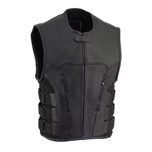 Gilet d'hiver gothique pour homme MH en cuir véritable noir imperméable avec broderie, surpiqûres rouges, fermeture éclair et col en V - Product Image 1