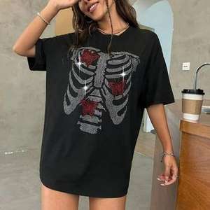 Camiseta Oversize de Algodón con Letras de Diamantes de Imitación Y2K para Mujer, Manga Corta, Estilo Casual Urbano - Product Image 1