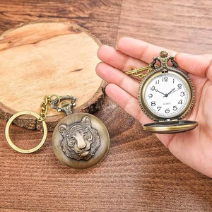 Porte-clés montre de poche vintage en métal motif tigre, pendentif horloge à quartz rond gravé animal avec anneau porte-clés pour cadeaux - Product Image 4