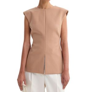 Top corto de punto estilo concha color bronceado para mujer, sin mangas, con dobladillo peplum, cuello alto, ajuste ceñido y tejido acanalado. - Product Image 1