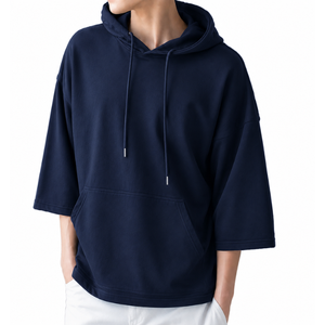เสื้อฮู้ดดี้สีดำแบบหลวมสำหรับผู้ชาย แขน 3/4 ผ้าฝ้ายผสมโพลีเอสเตอร์ พิมพ์ลายลำลอง ไซส์ใหญ่ สำหรับฤดูร้อน ผลิตในบังกลาเทศ (OEM) - Product Image 3