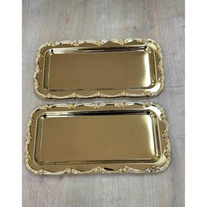Silver & Gold Color Stainless Steel Hammered <b>Serving</b> Tray Rectangle Shape Decorative Metal <b>Platter</b> Food Safe Kitchen Accessory - Product Image 4
