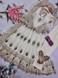 Traje Anarkali Tradicional de Seda para Mujer, Bordado, Largo hasta el Suelo, Estilo India Pakistán, Blanco, Corte Holgado, para Bodas - Product Image 6