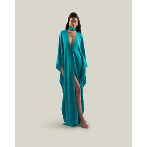 Elegant Teal Satin Sheath A-Line Gown V-Neck Three Quarter Sleeve Ankle-Length Side Slit <b>Cloak</b> Party Evening Dress 100% Cotton - Product Image 1
