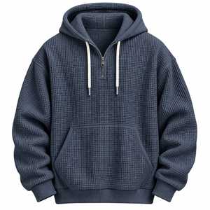 Sudadera con capucha de punto gofrado con cremallera de un cuarto, ecológica, transpirable, verde oliva, con bolsillo canguro - Product Image 4