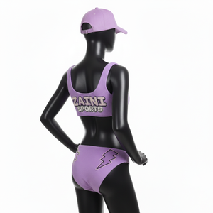 Ensemble de bikini pour femme en tissu extensible texturé polyester élasthanne GSM, haut court sport violet avec logo personnalisé pour ensemble de bikini - Product Image 5