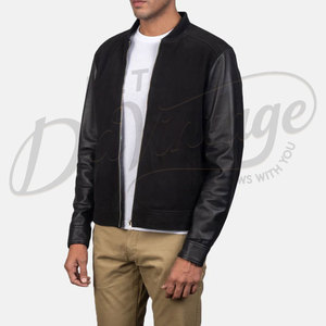 Chaqueta bomber de gamuza negra para hombre con mangas de cuero genuino, estilo híbrido ajustado, estilo motociclista, con cremallera, estilo universitario. - Product Image 5