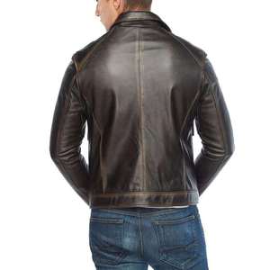 Veste de moto en cuir véritable pour hommes, col rabattable, fermeture éclair, couleur unie, style motard, vêtements d'automne - Product Image 4