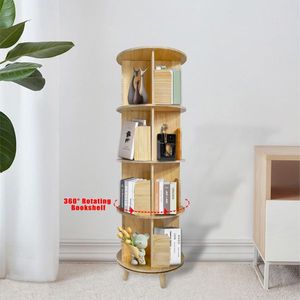 <b>Solid</b> Pine <b>Wood</b> 4-Layer 360-degree Rotating <b>Bookcase</b> Display Rack Modern Minimalist Style for Living Room with Panel - Product Image 4