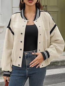 Chaqueta Bomber Beige para Mujer con Rayas de Contraste Negras, Cierre de Botones, Manga Larga, Estilo Deportivo Informal - Product Image 3