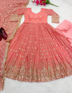 Traje Anarkali Rosa Bordado, Vestido Largo Hasta el Suelo con Mangas Largas y Dupatta, Atuendo Tradicional Indio Pakistaní para Bodas, para Mujer - Product Image 6