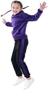 Girls <b>Purple</b> Hooded Tracksuit Set Full Sleeve Casual Fleece Winter Wear With Side Pockets Elastic Waist Solid Design - Product Image 4