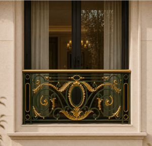 Balustre européen orné en fer et laiton, motif festonné vert et or, à fixation au sol, pour balustrade de balcon, escalier de villa et escalier intérieur - Product Image 6