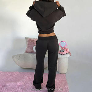 Conjunto de chándal de terciopelo prémium para mujer 2026, rosa bebé, con sudadera corta de terciopelo con cremallera completa y pantalones acampanados de tiro bajo, ropa de descanso HD - Product Image 5