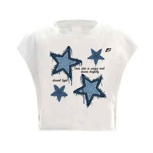 Custom Vintage Star Print Crop <b>Top</b> Women's shirt Soft Organic Cotton Casual Tee Unique Graphic T-Shirt with Patches Sleeveless - Product Image 1