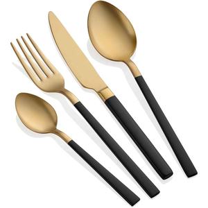 Customize <b>Gold</b> Plated Long Flat Design Handle Stainless Steel <b>Gold</b> Color Logo Luxury Hotel Wedding <b>Cutlery</b> <b>Set</b> - Product Image 2
