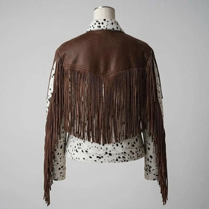 Chaqueta de Cuero Genuino para Mujer, Chaqueta Vaquera Occidental de Piel de Vaca Blanca con Flecos - Product Image 3