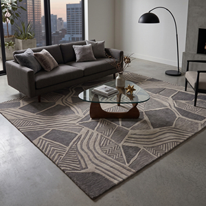 Grey <b>Ivory</b> Wool Abstract Line <b>Rug</b> Eco-Friendly Non-Slip Hand Tufted Layered Maze Fragmented Geometric Pattern for Contemporary - Product Image 3