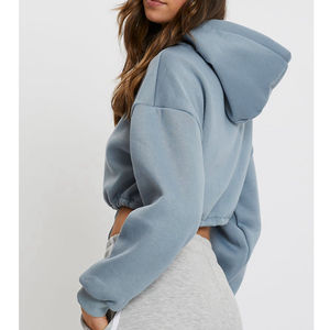 Sweat-shirt décontracté pour femme, bleu clair, coupe courte, avec cordon de serrage à la taille, manches longues, en polaire, pour l'automne - Product Image 3