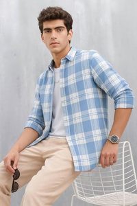 Camisa Casual de Hombre, Azul Claro, con Estampado Digital a Cuadros, Manga Larga, Cuello Clásico, Tela Popelina Transpirable, con un Solo Botón, para Verano - Product Image 3