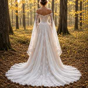 Vestido de Novia Moderno con Encaje Floral en los Hombros, Corsé, Mangas Largas Transparentes, Falda de Tul en Capas, Cola Catedral, Ecológico - Product Image 5