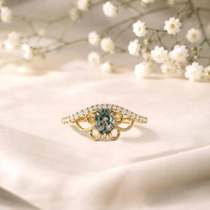 Natural <b>Green</b> Moss Agate Pear <b>Ring</b> Nature Inspired Engagement <b>Ring</b> Handmade 925 Sterling Silver 18K Gold Filled Wedding <b>Ring</b> - Product Image 3