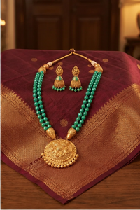 Traditional Temple Wedding Gift Jewelry Set Green Beaded Gold Plated Brass Necklace and Earrings Antique Style <b>for</b> Women - Product Image 4