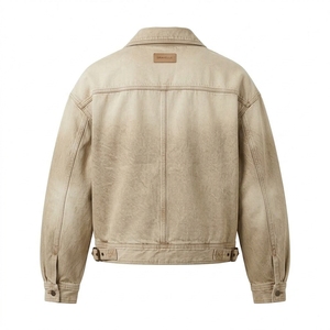 Blouson Biker Homme en Toile Lavée Beige Sable avec Fermeture Éclair Asymétrique, Style Vintage Usé, en Coton Épais, Col Revers, Veste Décontractée Type Trucker - Product Image 2