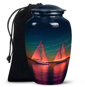 Urne funéraire de crémation haut de gamme pour cendres d'adultes, modèle bateau coucher de soleil, avec couvercle en dôme et pochette en velours noir - Product Image 3