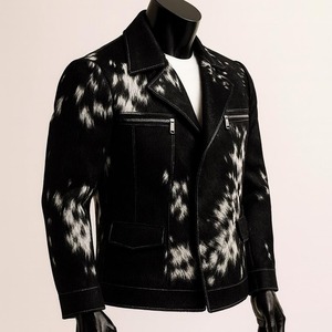 <b>Mens</b> Genuine Leather Real Fur Biker <b>Jacket</b> Black <b>White</b> Asymmetrical Zip Front Logo Windproof Polyester Lining Winter Moto <b>Jacket</b> - Product Image 2