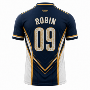 เสื้อฟุตบอลสีน้ำเงินกรมท่า ขาว ทอง แบบสั่งทำพิเศษ คอวี ลายพิมพ์แบบซับลิเมชั่น เสื้อทีมพรีเมียม หมายเลขผู้เล่น OEM - Product Image 2