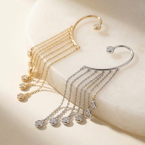 RAAMAA Top Trendy Waterfall Dangle Diamond Ear <b>Cuff</b> in Bezel-Set Round Diamond Statement in White & Yellow Gold Evening <b>Earrings</b> - Product Image 1