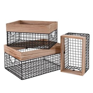 Set di 3 Cestini Portaoggetti in Filo Metallico con Coperchio in Legno e Manici Integrati, Organizer per Cucina, Lavanderia, Cameretta - Product Image 1