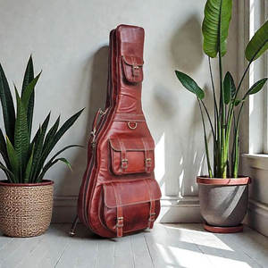 <b>Leather</b> <b>Guitar</b> Case with Multiple Pockets Embossed Design 80g Fabric Adjustable <b>Strap</b> Brown - Product Image 1