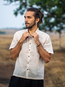 เสื้อเชิ้ตแขนสั้นผ้าคอตตอน Khadi สำหรับผู้ชายเสื้อเชิ้ตสีขาว-ขาวผิวด้านลำลองระบายอากาศได้แบบติดกระดุมสำหรับฤดูร้อน - Product Image 6