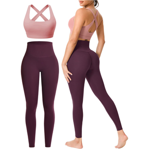 Ensemble de leggings de yoga taille haute couleur unie avec soutien-gorge de sport à bretelles croisées, sans couture, longueur intégrale, en Spandex et Polyester, 2 pièces - Product Image 3