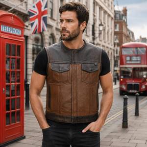 Veste en cuir véritable pour motards, vêtements de moto sans manches avec poches utilitaires - Product Image 1