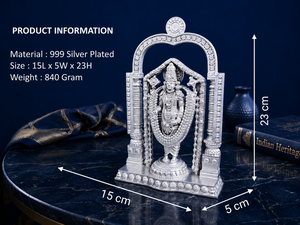 Idole de Tirupati Balaji plaquée argent 999 de Jaipur Metals |   Design traditionnel |   Tabletop |   15x5x23 cm |   840g |   Pooja et Cadeau - Product Image 3