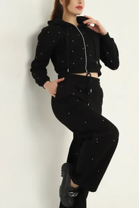 Women's Black Hooded Crop <b>Top</b> Tracksuit Set Rhinestone Detail Full Sleeve Zipper Casual Sportswear Solid Color Winter Quick Dry - Product Image 5