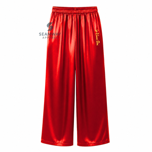 Ensemble de pyjama en satin pour femmes NSPDK, manches longues, boutonné, brodé, deux pièces, rouge avec bordure dorée, ensemble de détente - Product Image 4