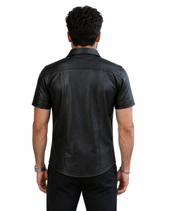 Vintage <b>Men</b> <b>Black</b> Genuine Leather <b>Shirt</b> <b>Short</b> <b>Sleeve</b> Classic Turn Down Collar Distressed Look Biker Uniform <b>Shirt</b> Bulk Price - Product Image 6