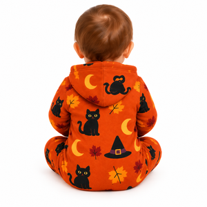Mono con capucha de Halloween para bebé, color naranja, con estampado de luna, sombrero de bruja y gato negro, manga larga, con botones al frente, conjunto de ropa para bebé - Product Image 6