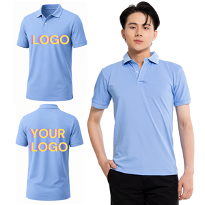 <b>Men's</b> Light Blue <b>Short</b> <b>Sleeve</b> Polo <b>Shirt</b> Regular Fit Cotton Oxford Breathable Casual With Logo Print Front And Back - Product Image 1