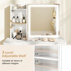 White Vanity <b>Desk</b> <b>Stool</b> Set 3-Mode LED Light Strip Anti-Topping Dressing Table with Ample Storage for Makeup Vanities - Product Image 5