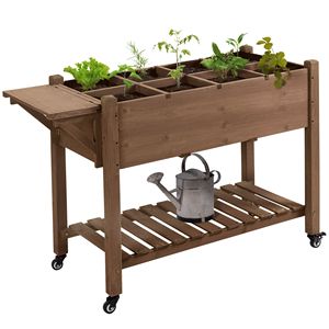 For Outsunny 49\" X 21\" X 34\" Brown Wooden <b>Raised</b> <b>Garden</b> <b>Bed</b> 8 Grids Outdoor Plant Box Stand Folding Side Table <b>Wheels</b> for - Product Image 1
