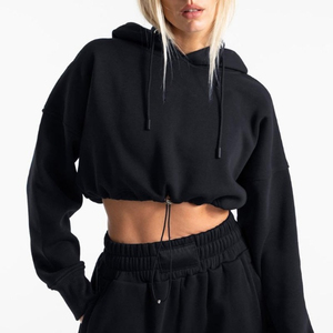 Women's Cropped Hoodie Oversized Solid <b>Black</b> Cotton Sweatshirt Hooded <b>Long</b> Sleeve Autumn Wear Breathable Knitted <b>Top</b> - Product Image 4
