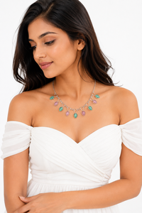 Collar Étnico de Latón Plateado con Circonitas en Forma de Lágrima, Estilo Bohemia para Mujer, Cadena de Caja, Engaste de Bisel Verde y Rosa - Product Image 3