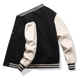 Unisex Canvas Varsity Jacket Navy White Color Block Hooded Stand <b>Covered</b> <b>Button</b> Closure Regular Fit Winter Casual Style Front - Product Image 6