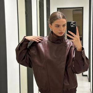 Chaqueta Bomber de Cuero Borgoña para Mujer, Estilo Vintage Oversize, Cuello Alto, Chaqueta Moto con Hombros Caídos, Ropa de Abrigo para Otoño e Invierno, EE. UU. - Product Image 3