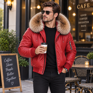 <b>Men's</b> Red Leather Bomber <b>Jacket</b> with Fur Hood Plaid Pattern | Giacca Uomo | <b>Summer</b> Casual - Product Image 6